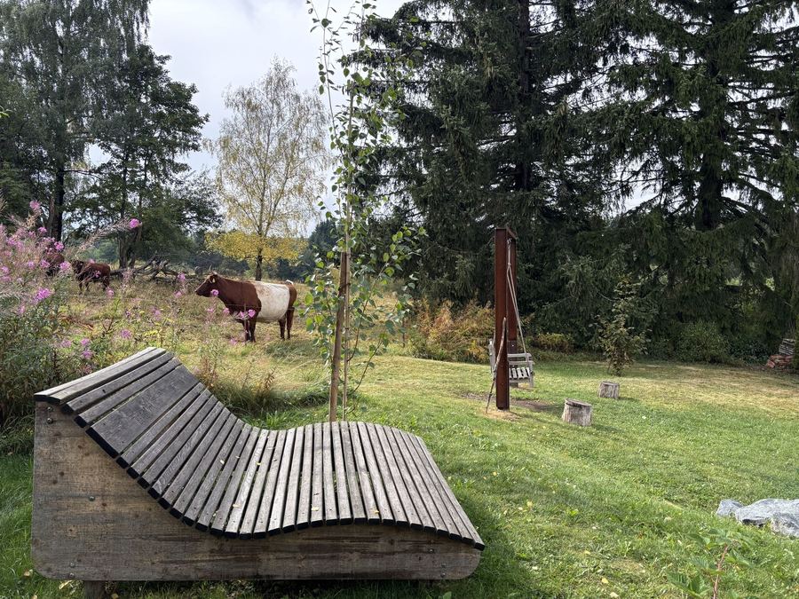 Holz-Sonnenliege mit Blick ins Grüne